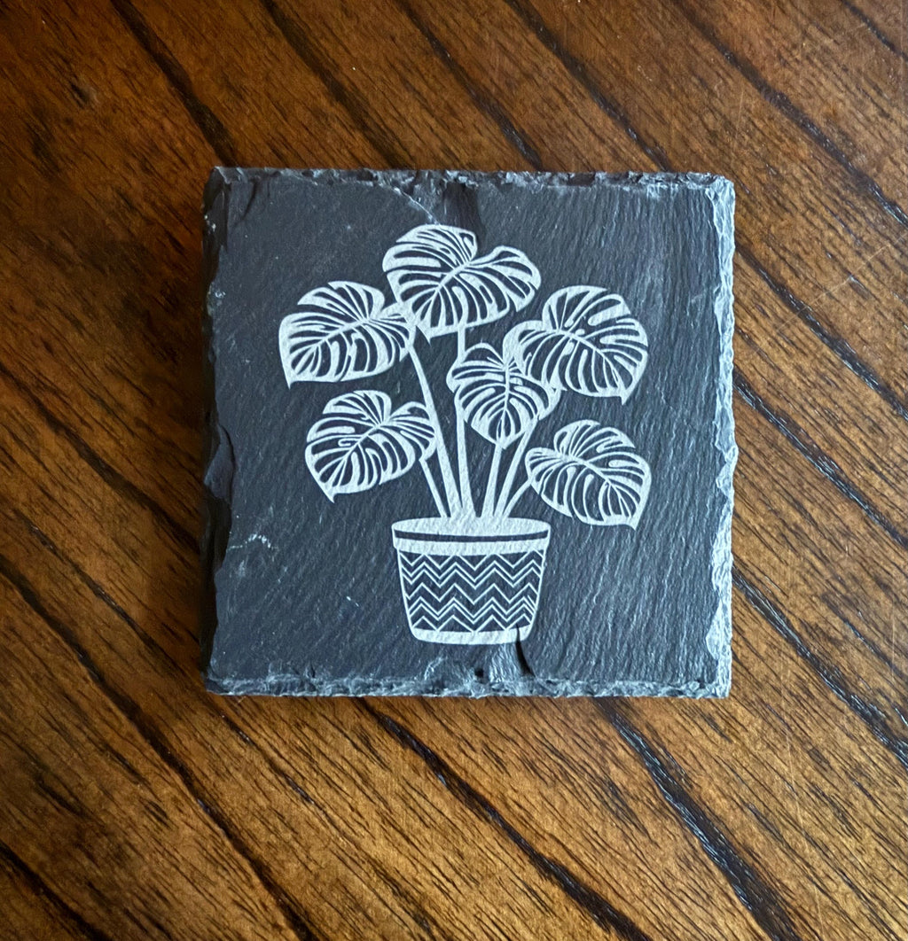 Flower Engraved Slate Coaster Sets